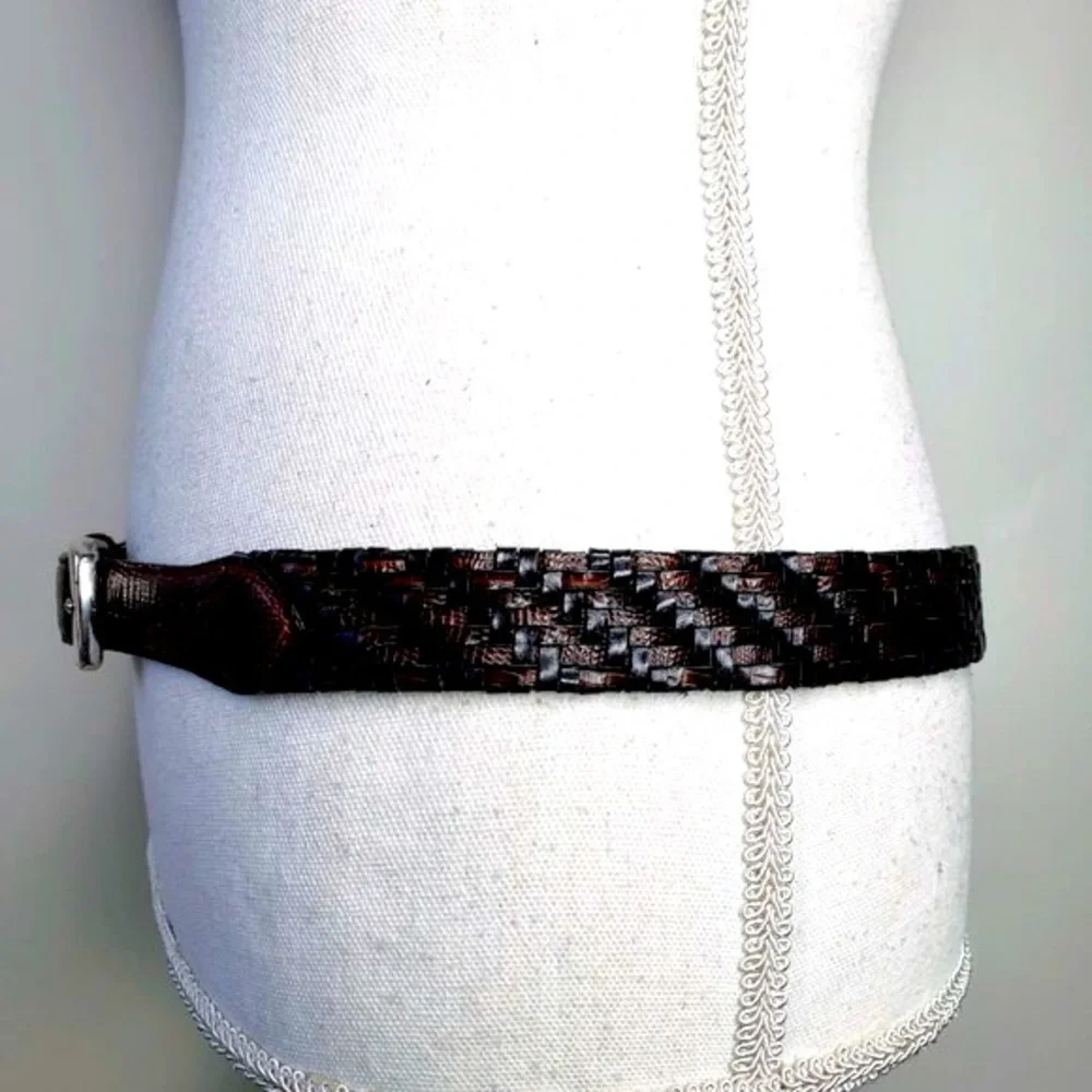 Brighton Cross Woven Distressed Buckle Belt Womens Croc Embossed Panel 38